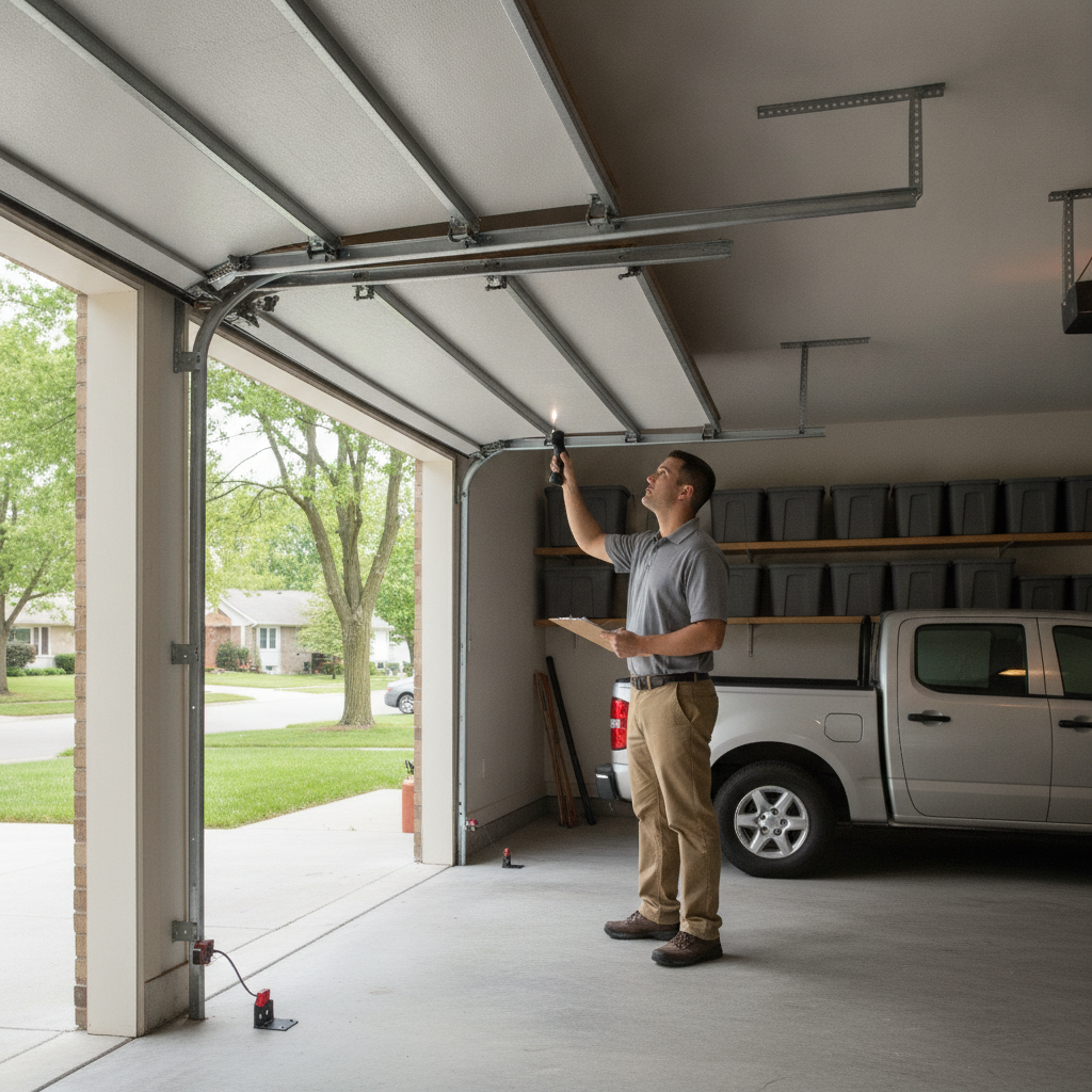 Technician inspecting a residential garage door system during routine maintenance.