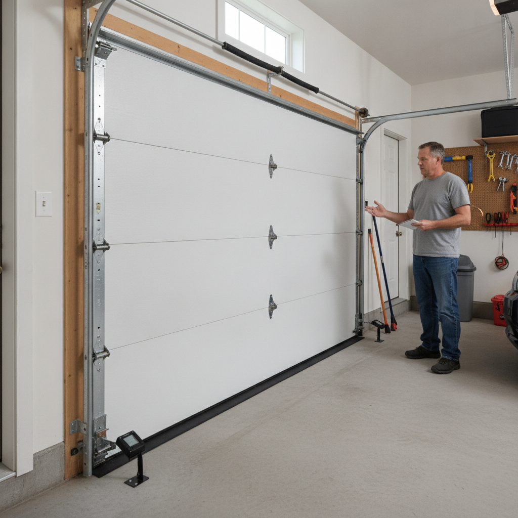 Homeowner visually checking a closed garage door and safety sensors from a safe distance.