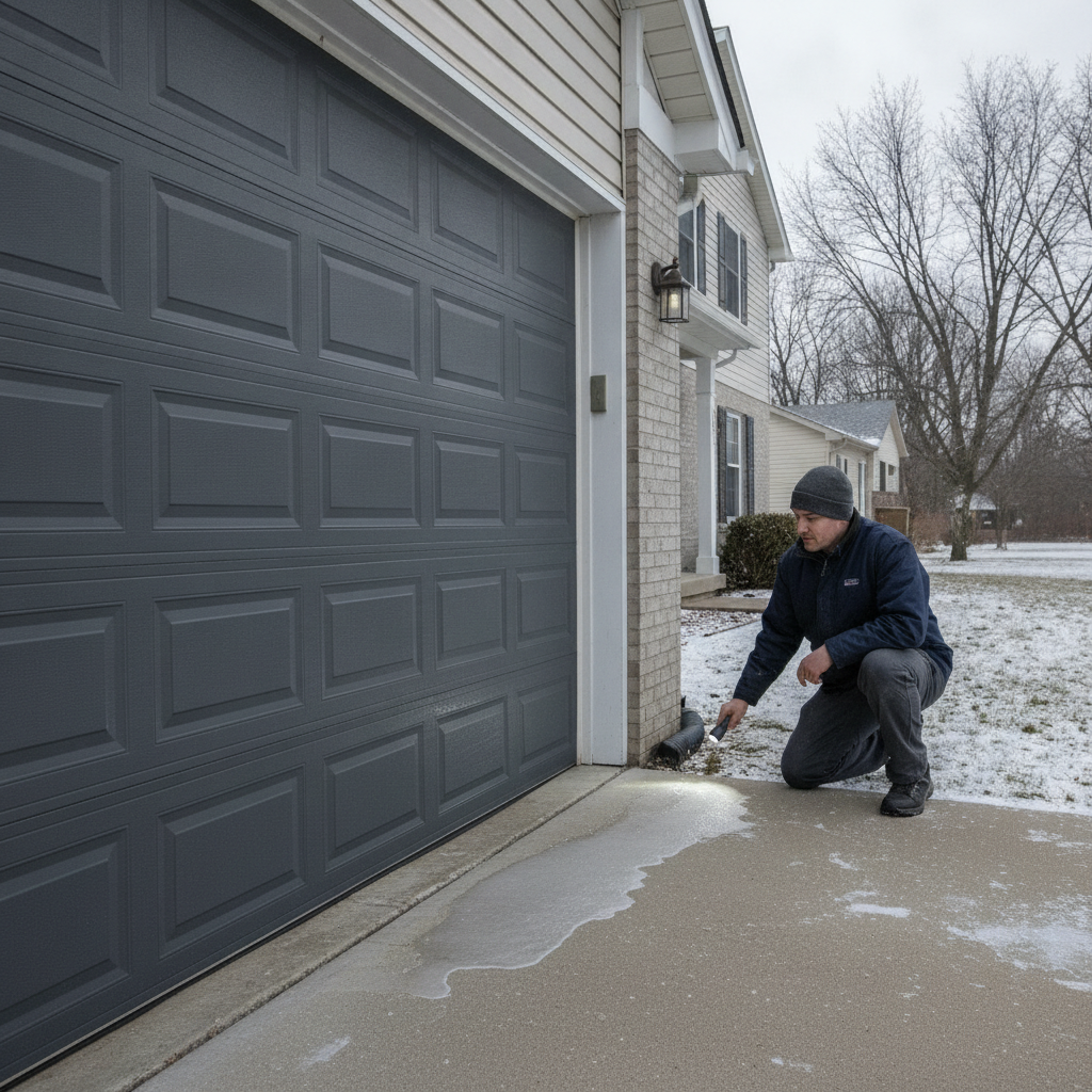Technician inspecting an intact closed garage door with snow and ice near the bottom seal.