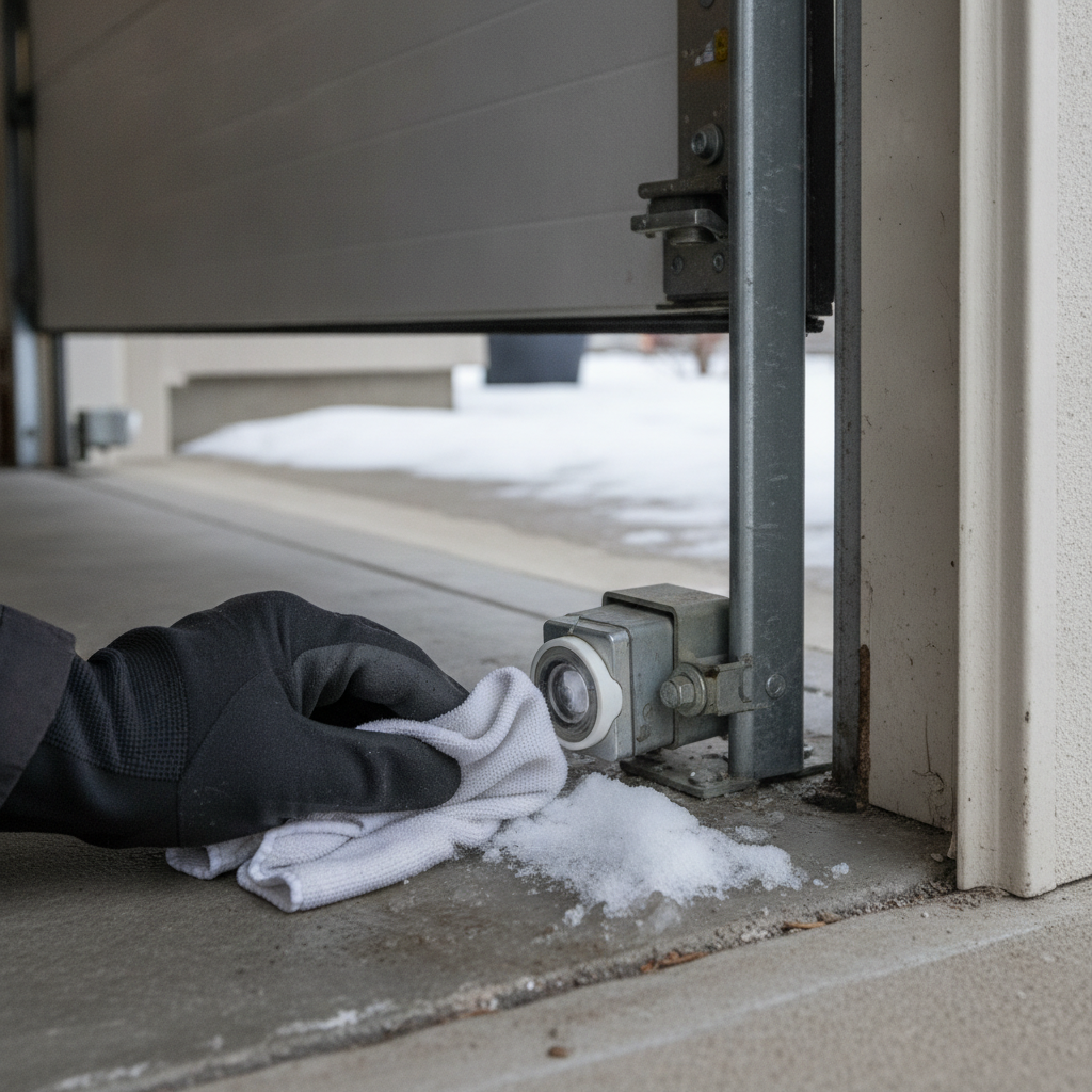 Close-up of a garage door safety sensor with snow and slush near the track.