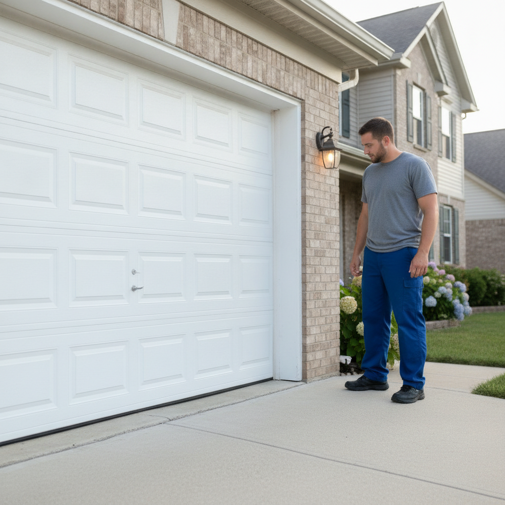 Intact residential garage door stopped a few inches above the floor while a technician observes the threshold area.