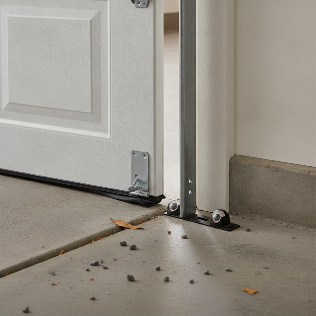 Close-up of a garage door bottom seal, threshold debris, lower track, and photo-eye sensor near the floor.