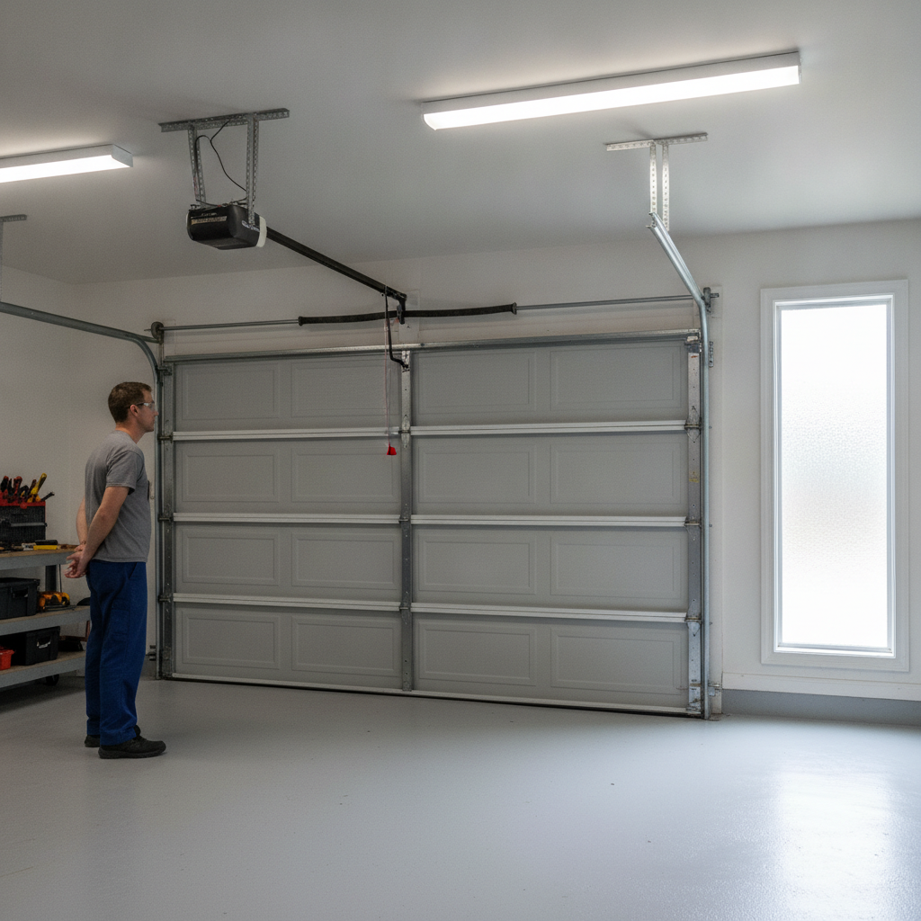 Technician inspecting the spring and cable area of a closed residential garage door from a safe position.