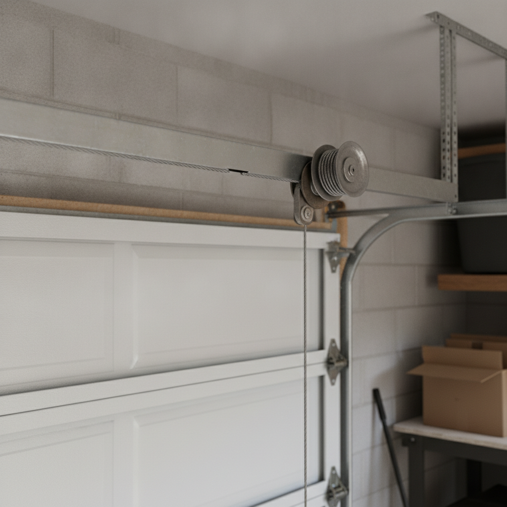 Close-up of a torsion spring gap above an intact closed garage door.