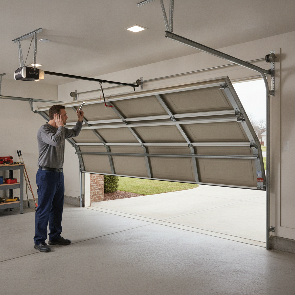 Technician safely inspecting an intact garage door track and rollers for noisy operation.