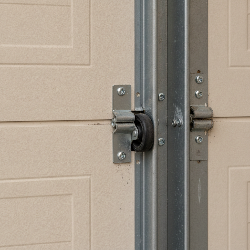 Close-up of a garage door roller, hinge, and track with light wear on intact hardware.