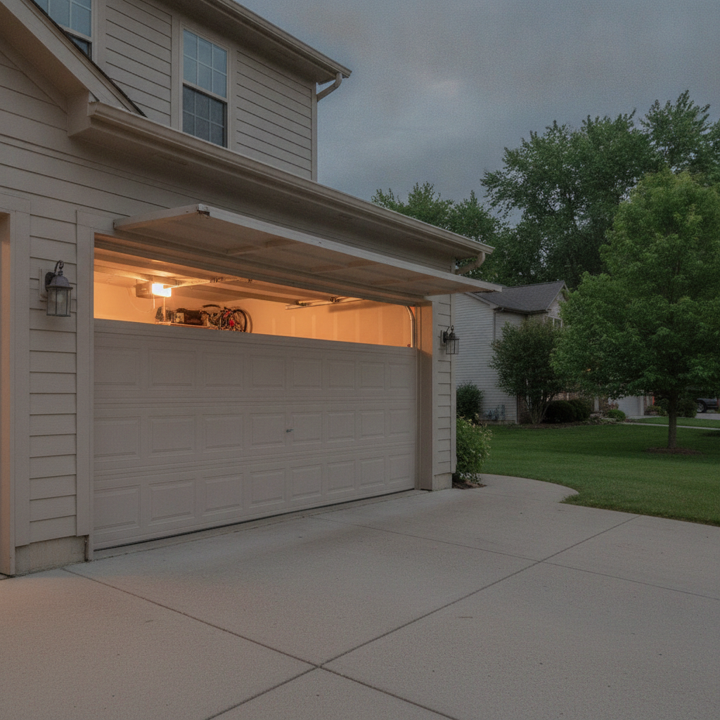 Intact residential garage door fully open with the opener light on in a suburban driveway.