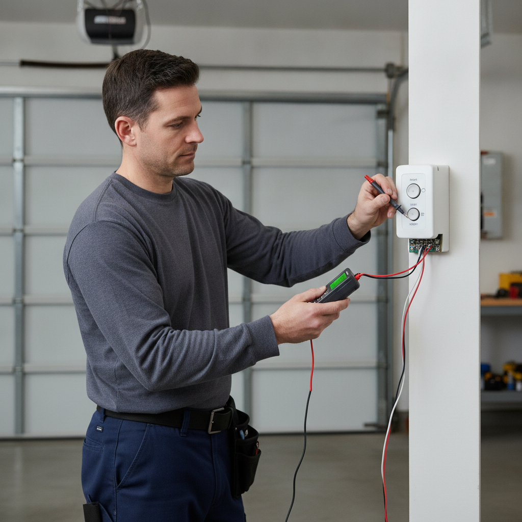 Technician inspecting a garage door wall control and low-voltage wiring with the door closed in the background.