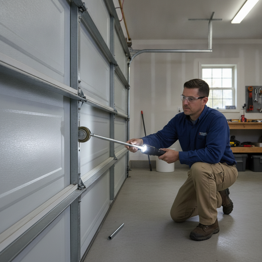 Technician inspecting a garage door roller and side track on an intact sectional door.