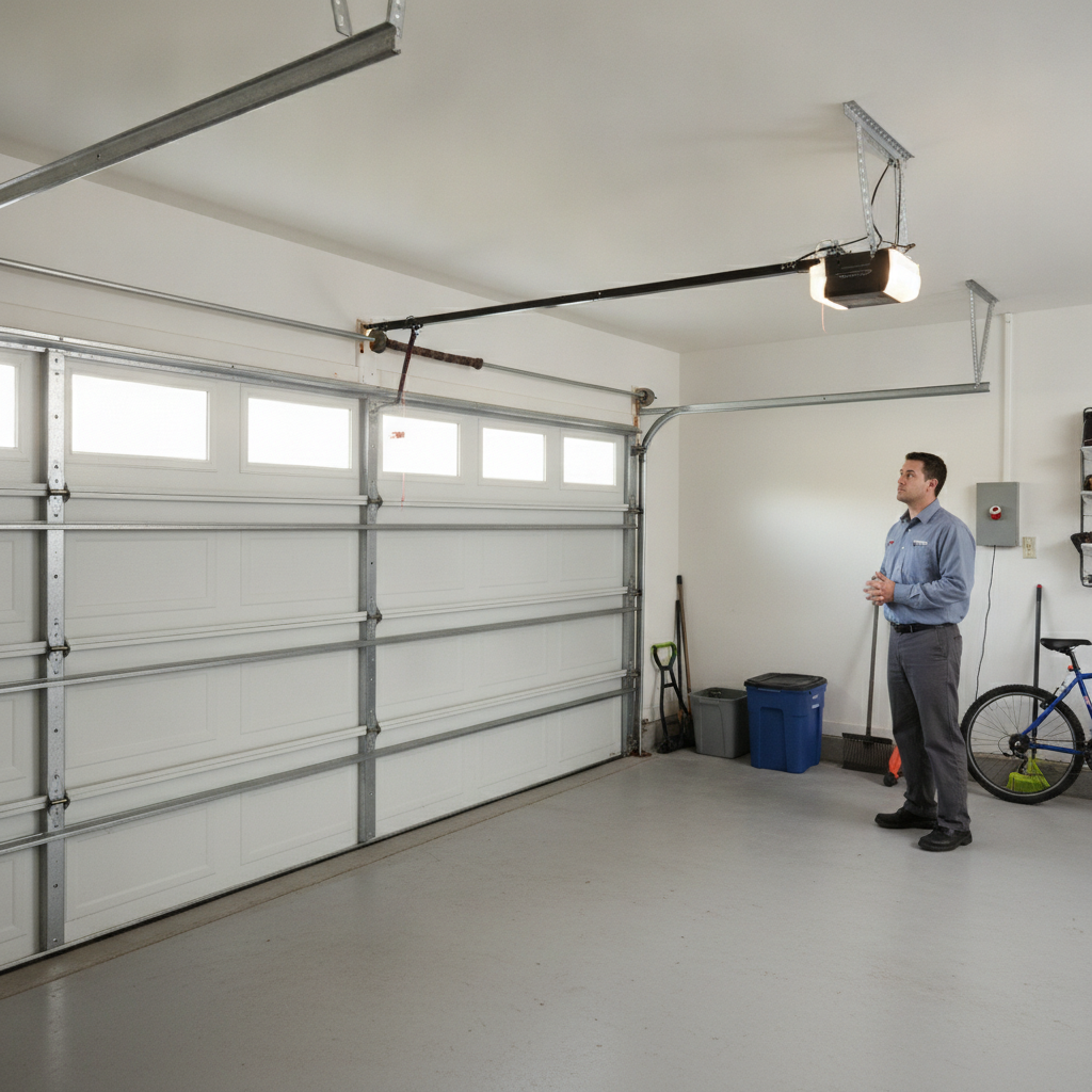 Technician inspecting an intact closed residential garage door and opener inside a garage.