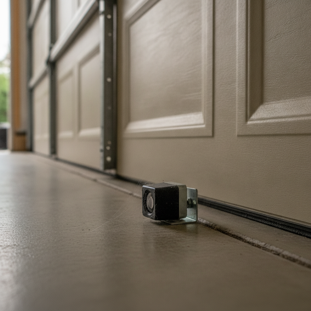 Close-up of a dusty garage door photo-eye sensor near the bottom track of a closed door.