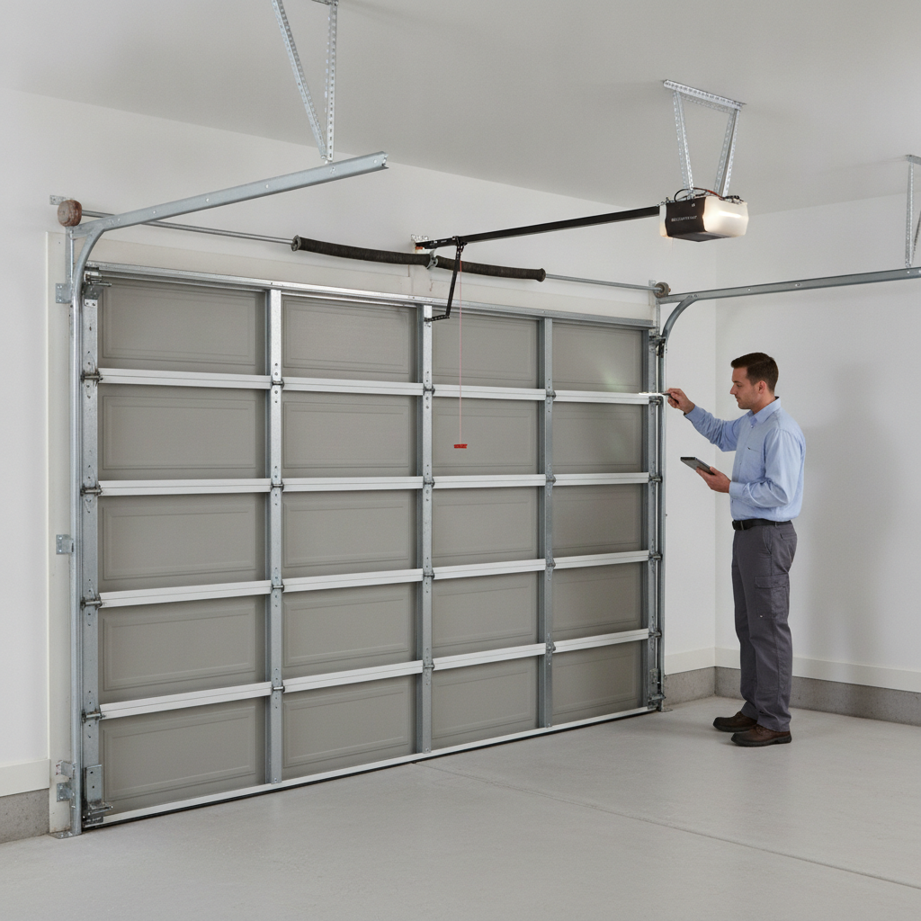 Technician inspecting an intact torsion spring above a closed residential garage door.