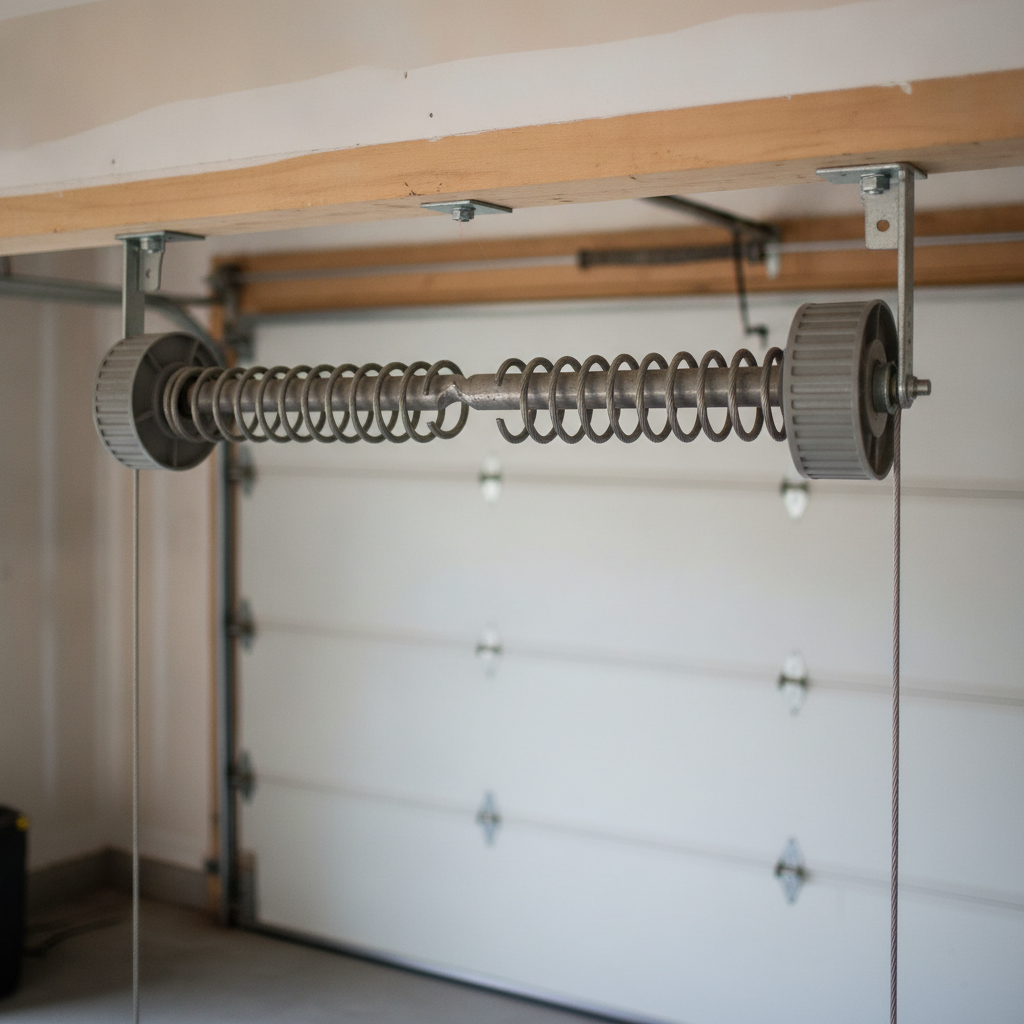 Close-up of a torsion spring with a visible gap above a closed garage door.