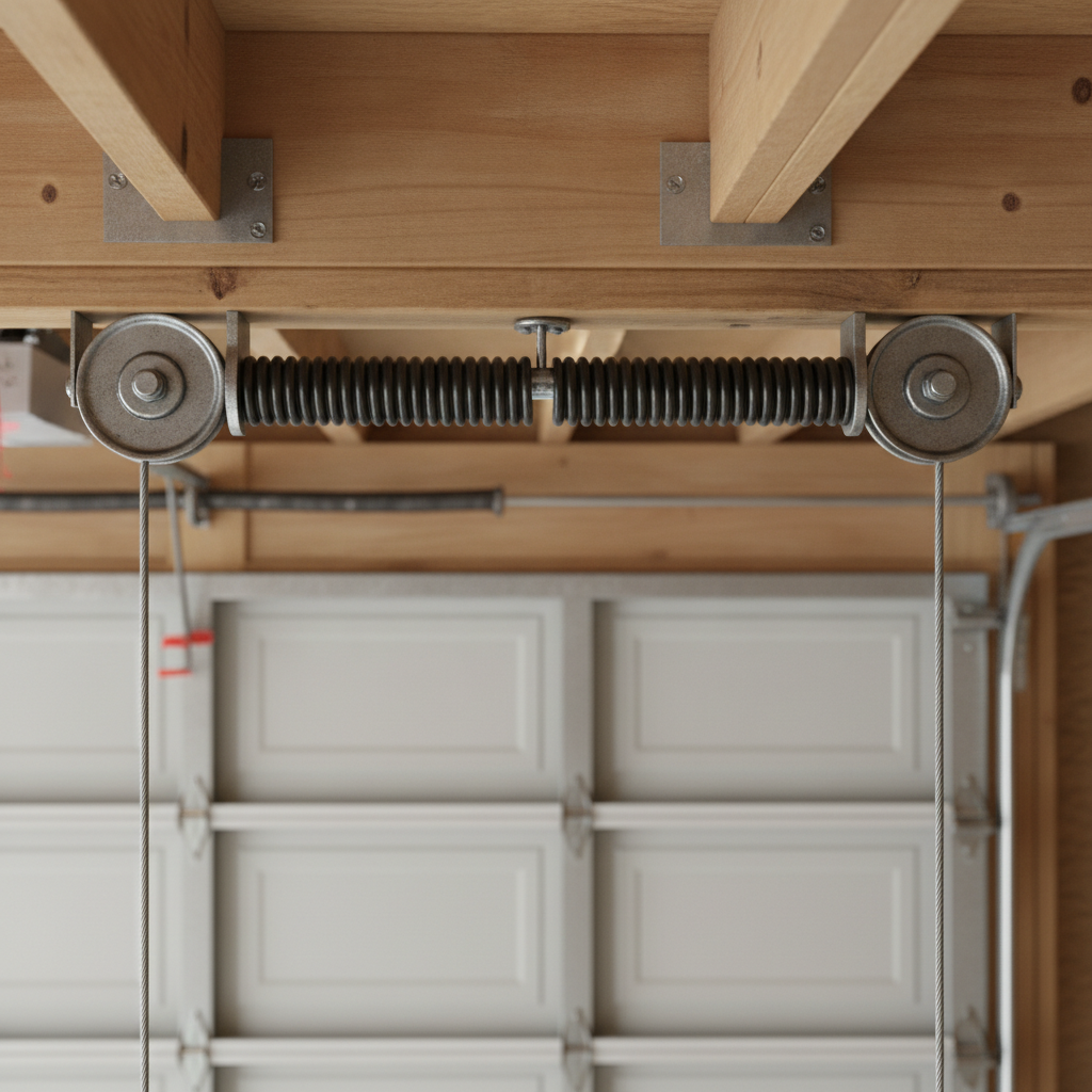Close-up of a separated torsion spring above an intact closed garage door.