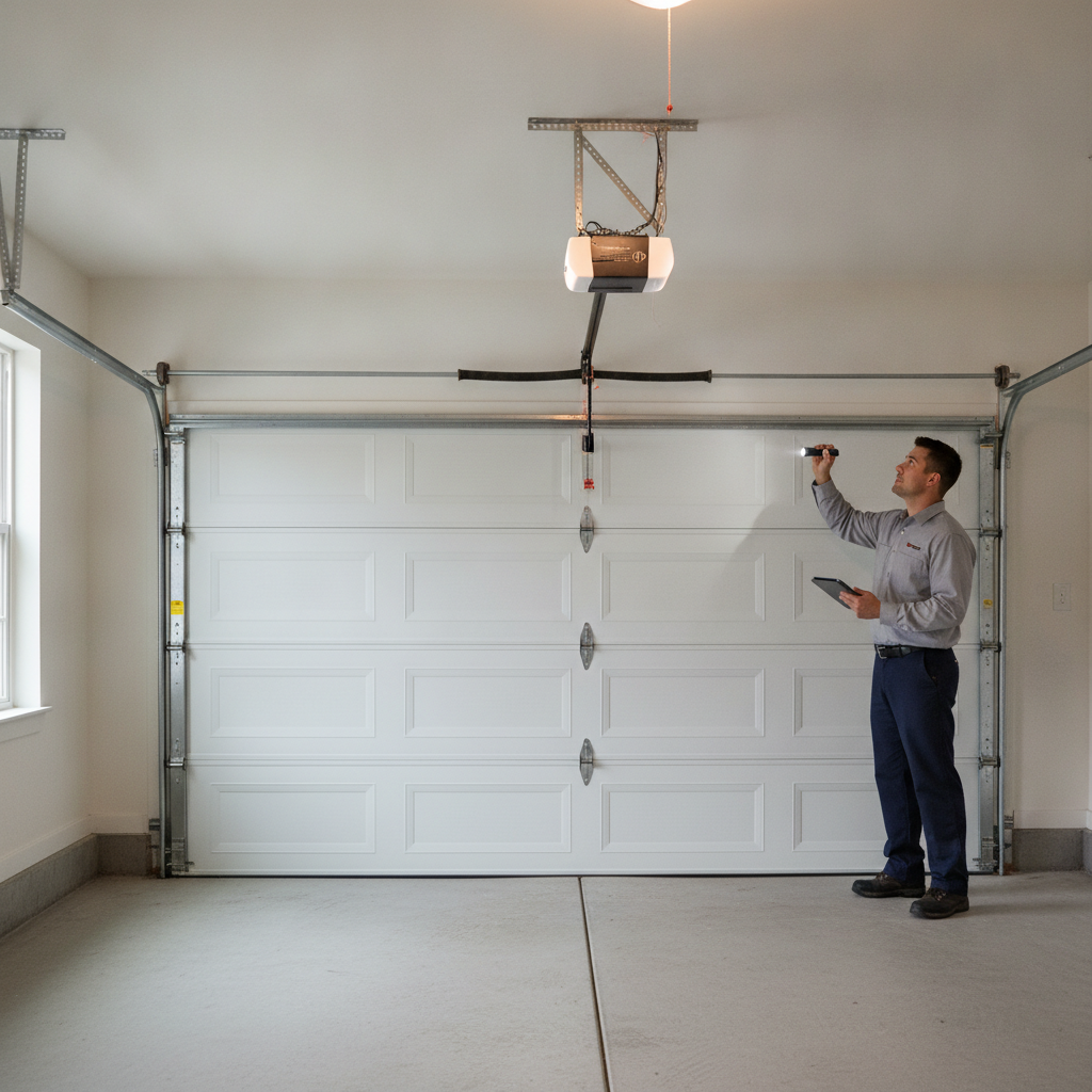 Technician inspecting a ceiling-mounted garage door opener above an intact closed sectional door.