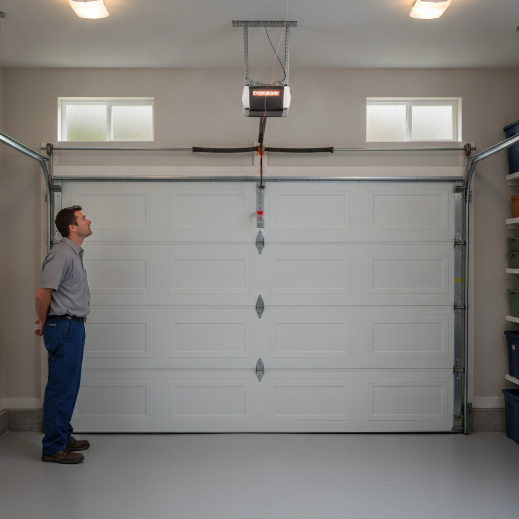 Technician inspecting an intact torsion spring system above a closed residential garage door.