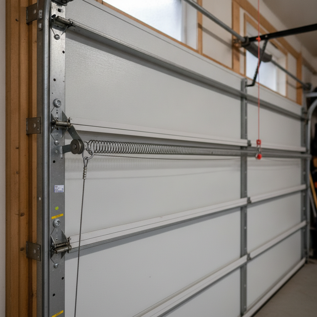 Intact extension spring with pulley and safety containment cable along a residential garage door track.