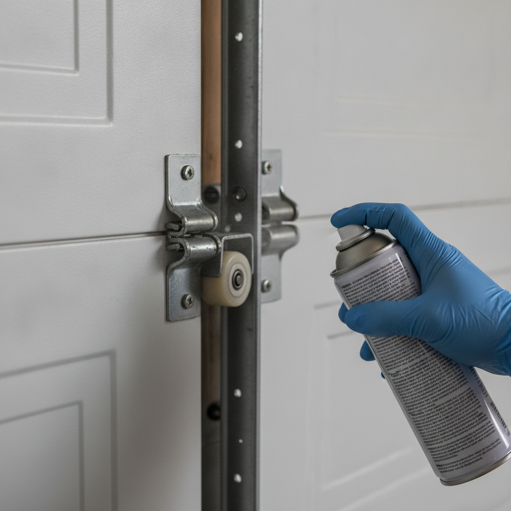 Close-up of a technician lightly lubricating a garage door hinge pivot beside the roller track.