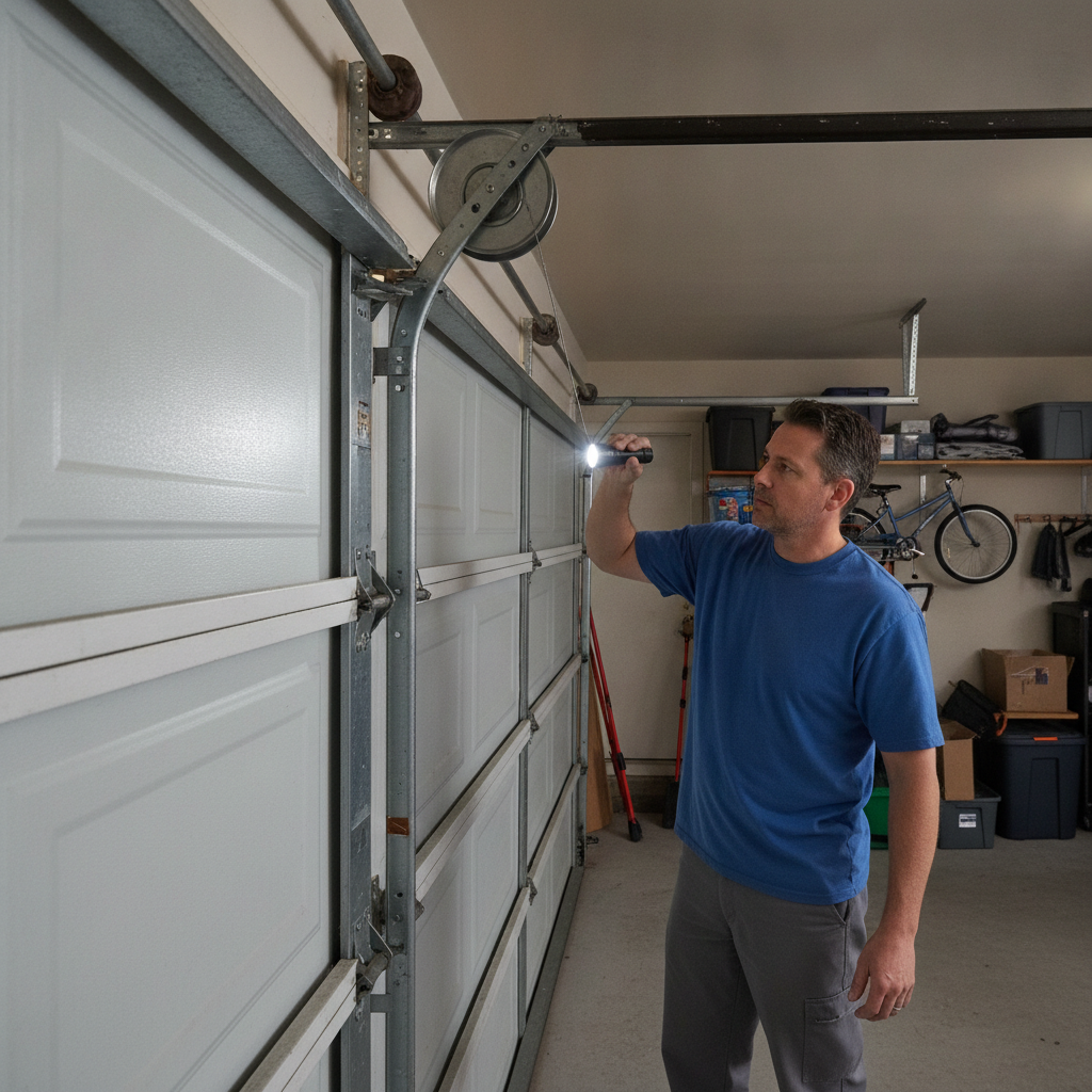 Technician inspecting a lightly frayed garage door cable on a closed residential door.