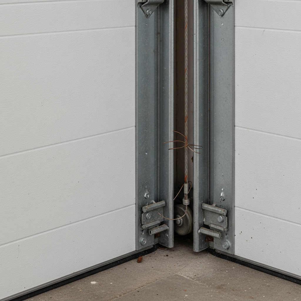 Close-up of frayed garage door lift cable strands beside the vertical track.