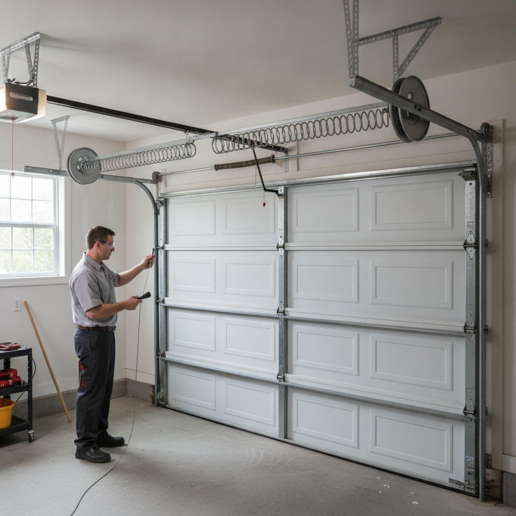 Technician inspecting the cable drum and torsion shaft above a closed residential garage door.