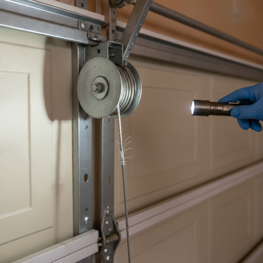 Close-up of a garage door cable drum with a slightly uneven cable wrap and mild fraying.