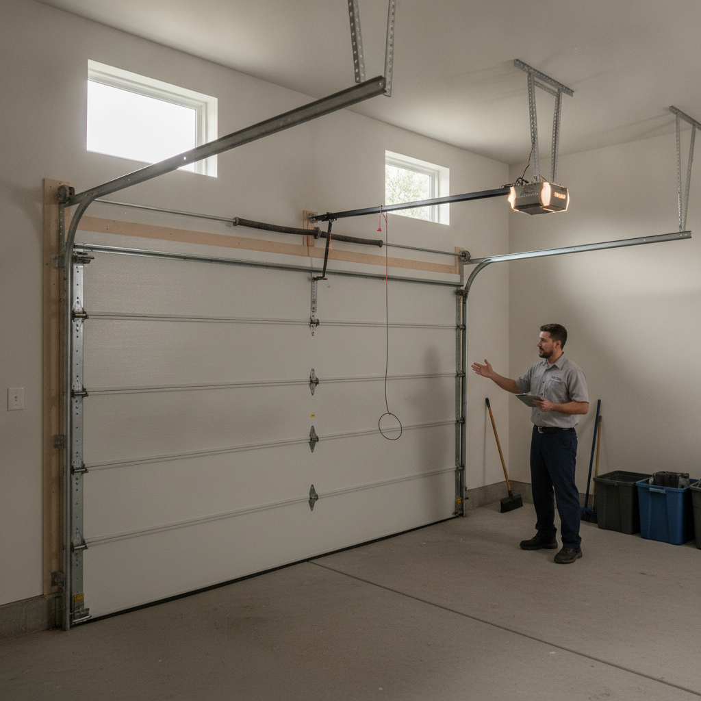 Technician inspecting a fully closed garage door with a loose lift cable hanging beside the track.