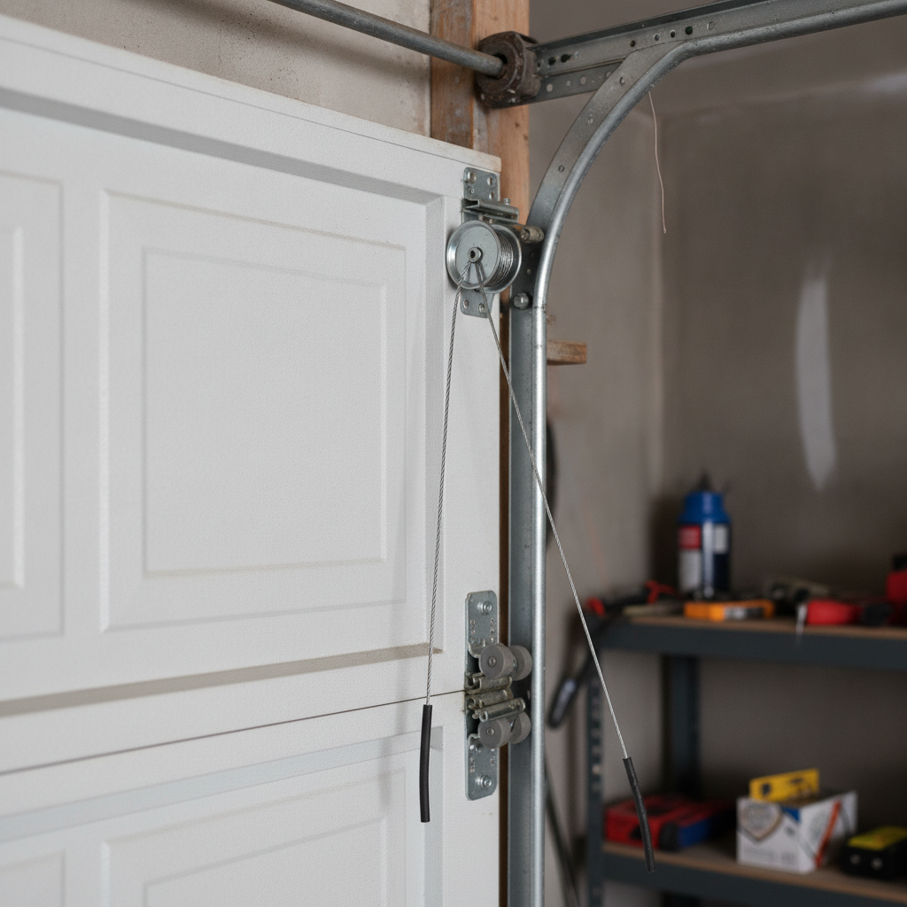 Close-up of a garage door cable miswrapped on the cable drum above a closed sectional door.