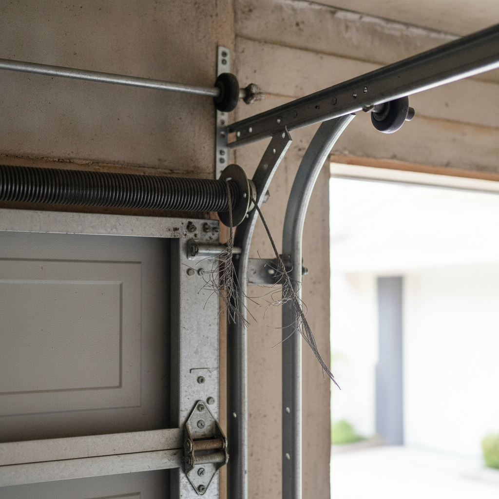 Close-up of a frayed garage door cable wrapped unevenly around the cable drum near the track.