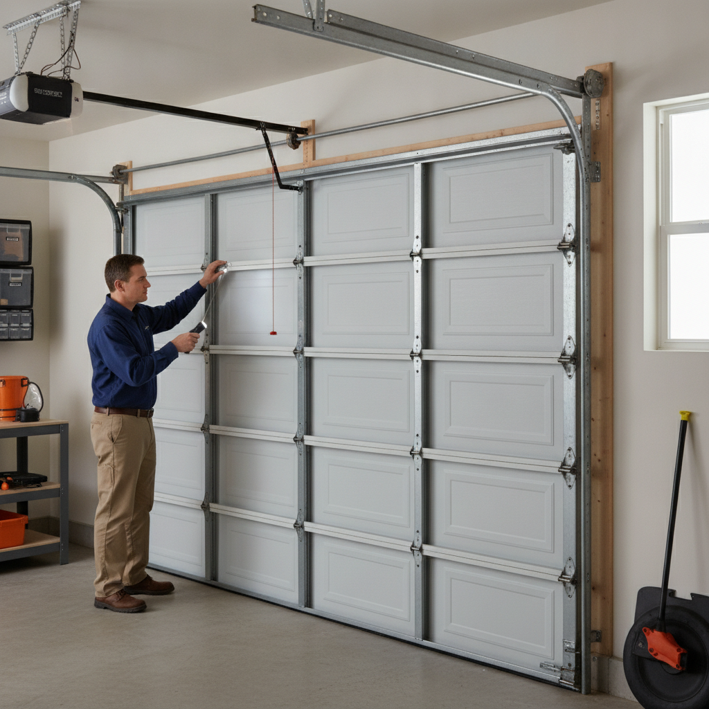 Technician visually inspecting a garage door lift cable beside a closed residential garage door.