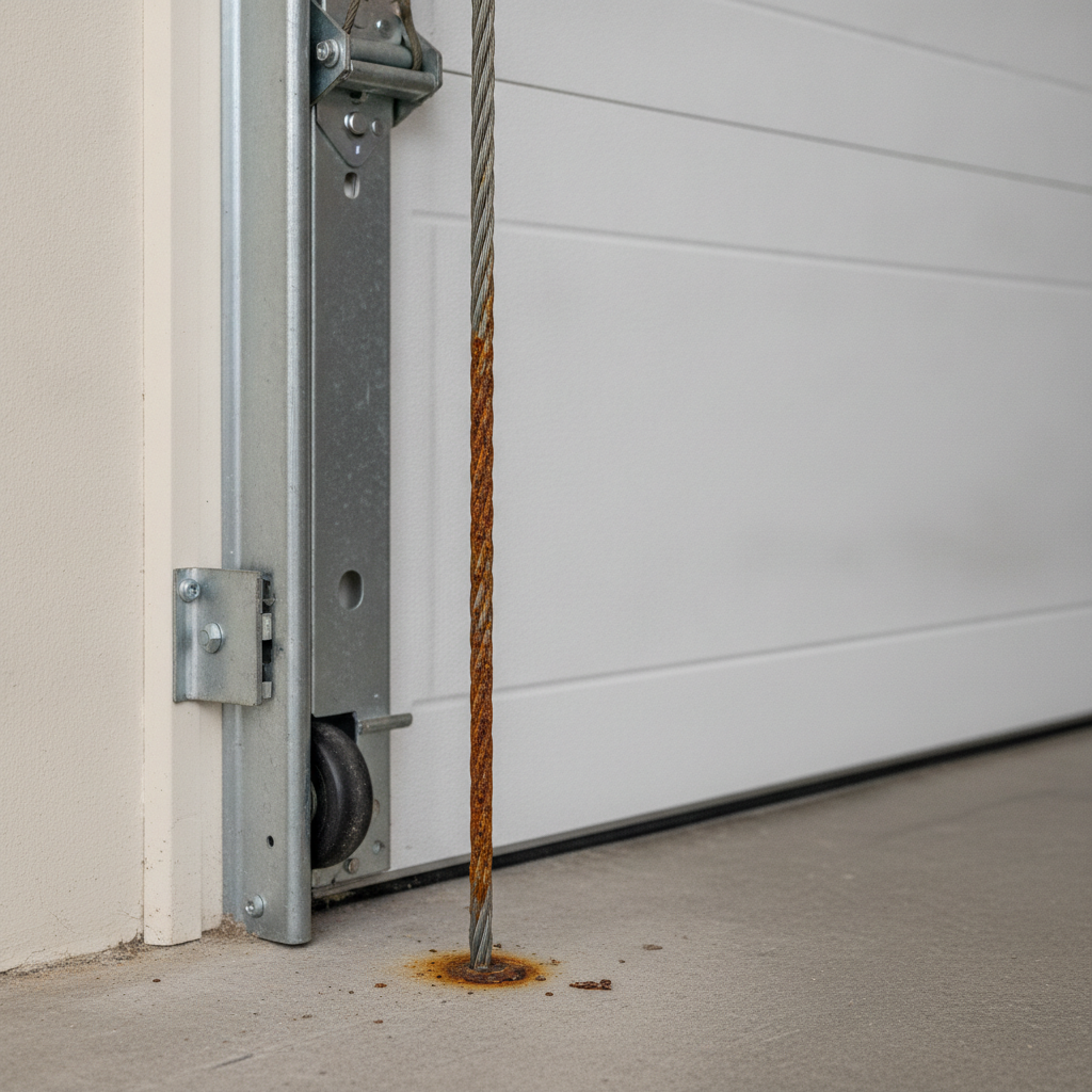 Close-up of a rusty garage door lift cable beside the vertical track of a closed door.