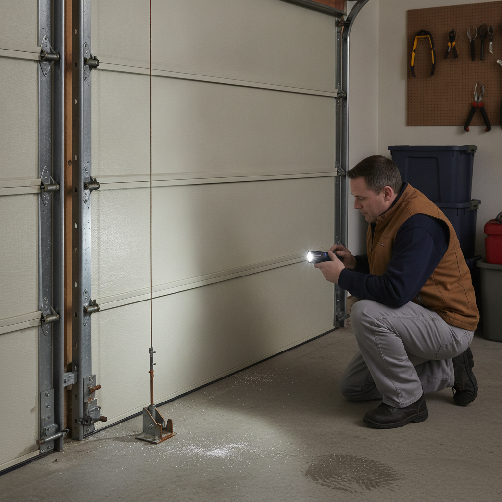 Technician visually inspecting a lightly rusted garage door cable on an intact closed door.